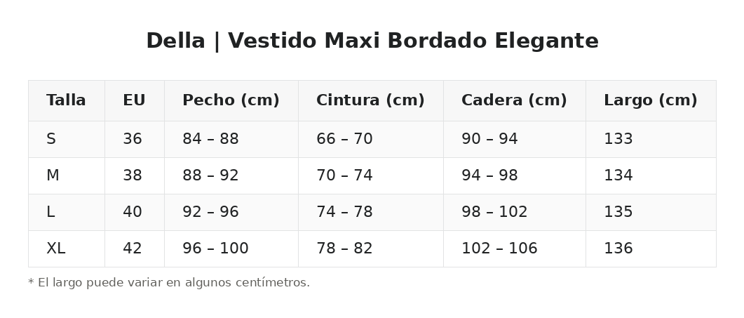 Della | Vestido Maxi Bordado Elegante — guía de tallas