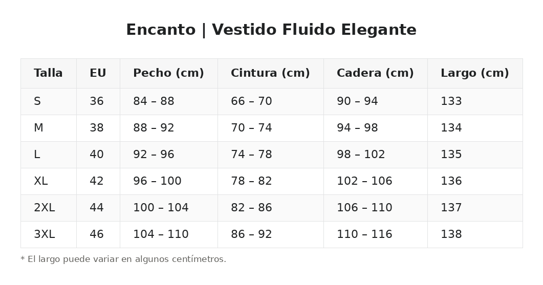 Encanto | Vestido Fluido Elegante — guía de tallas