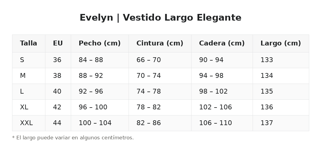 Evelyn | Vestido Largo Elegante — guía de tallas