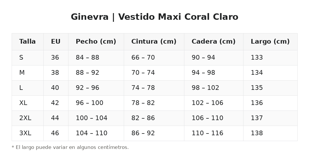 Ginevra | Vestido Maxi Coral Claro — guía de tallas