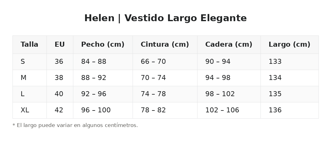 Helen | Vestido Largo Elegante — guía de tallas