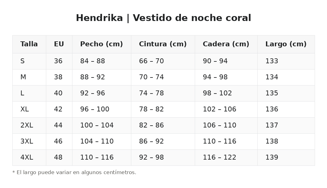 Hendrika | Vestido de noche coral — guía de tallas