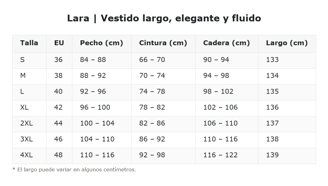 Lara | Vestido largo, elegante y fluido — guía de tallas