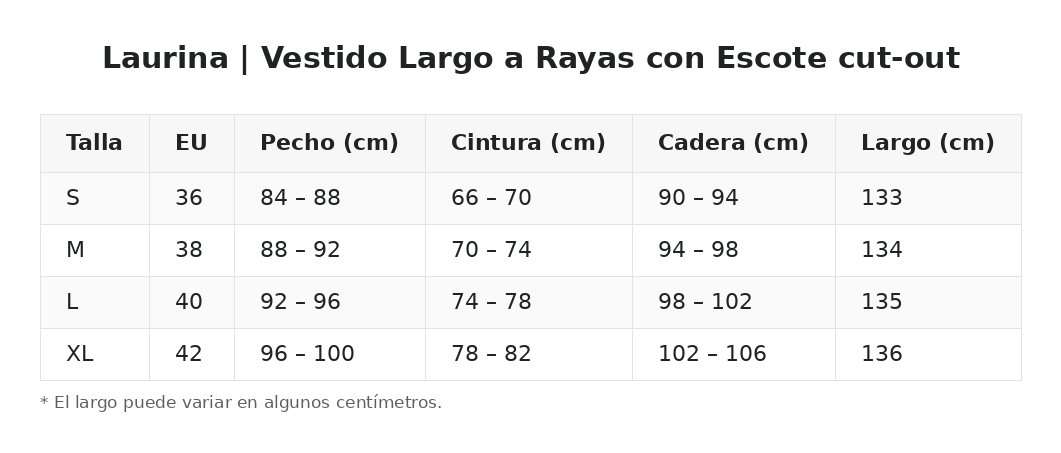 Laurina | Vestido Largo a Rayas con Escote cut-out — guía de tallas