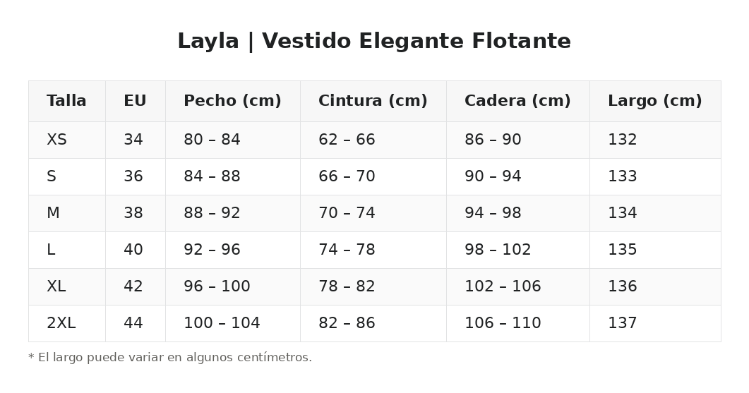 Layla | Vestido Elegante Flotante — guía de tallas