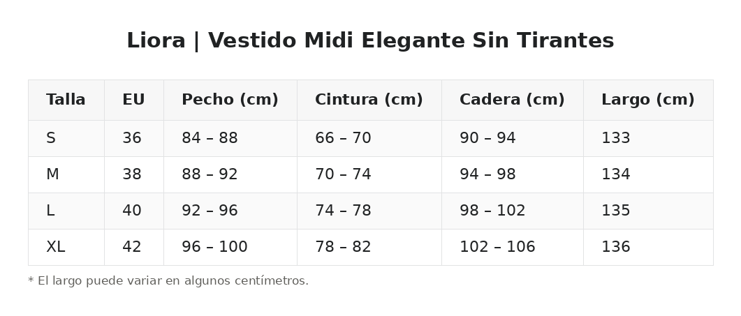 Liora | Vestido Midi Elegante Sin Tirantes — guía de tallas