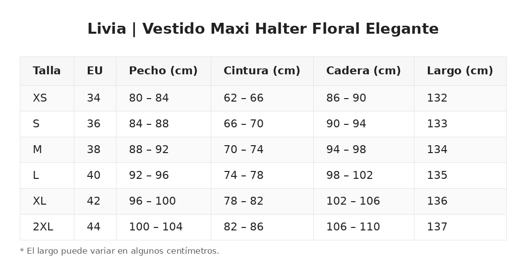 Livia | Vestido Maxi Halter Floral Elegante — guía de tallas