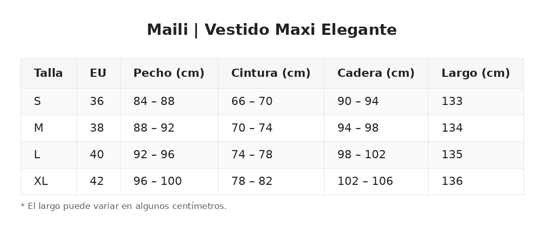 Maili | Vestido Maxi Elegante — guía de tallas