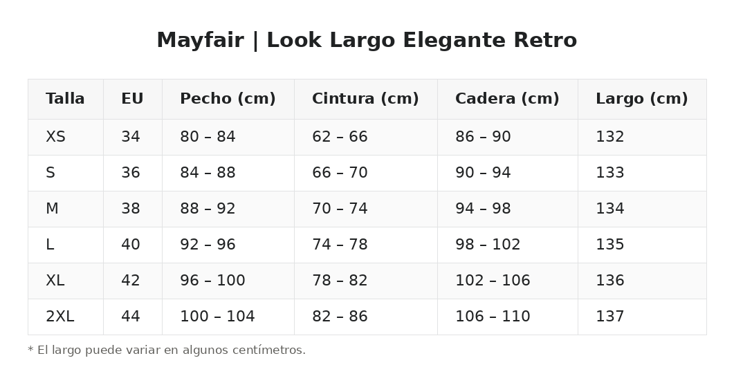 Mayfair | Look Largo Elegante Retro — guía de tallas