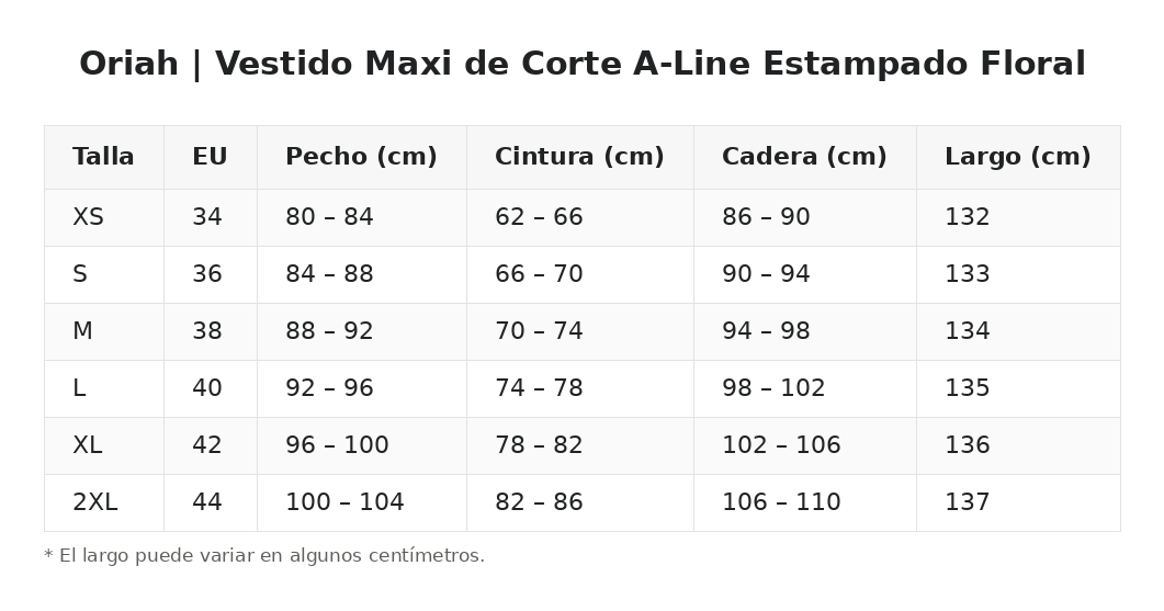 Oriah | Vestido Maxi de Corte A-Line Estampado Floral — guía de tallas