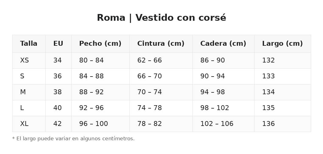 Roma | Vestido con corsé — guía de tallas