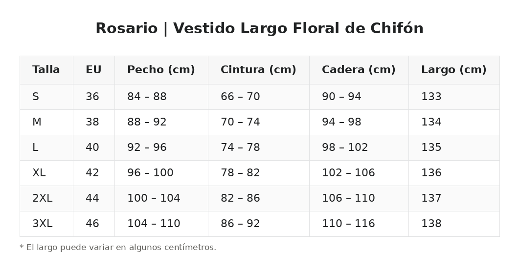Rosario | Vestido Largo Floral de Chifón — guía de tallas
