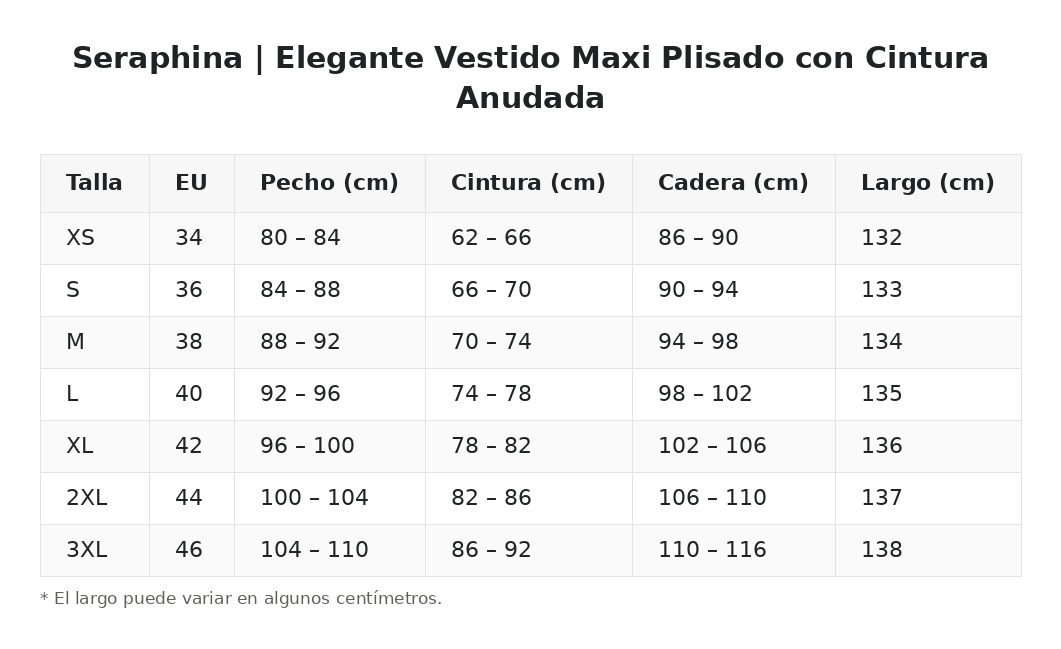 Seraphina | Elegante Vestido Maxi Plisado con Cintura Anudada — guía de tallas