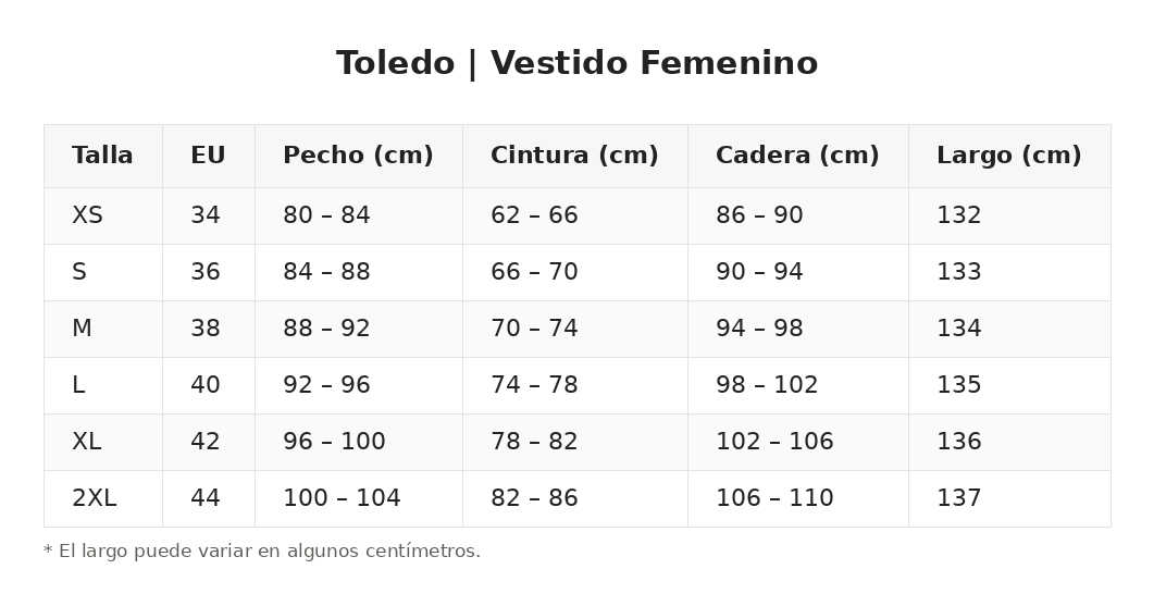 Toledo | Vestido Femenino — guía de tallas