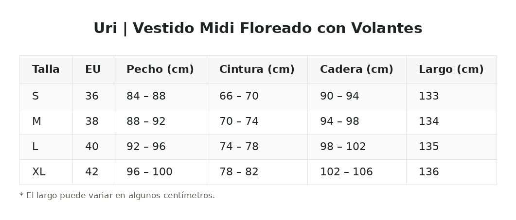 Uri | Vestido Midi Floreado con Volantes — guía de tallas