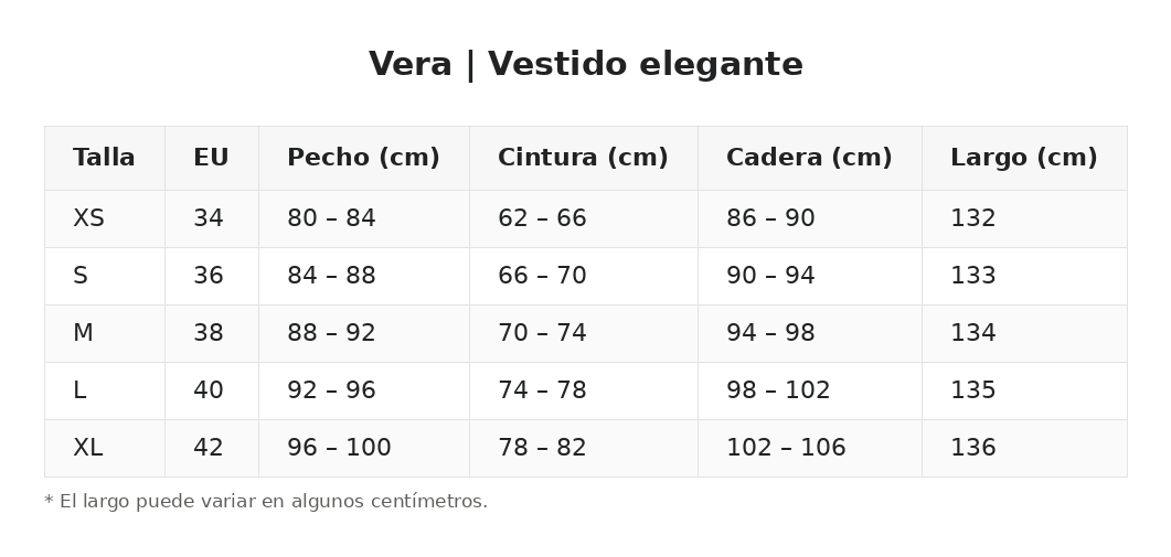 Vera | Vestido elegante — guía de tallas