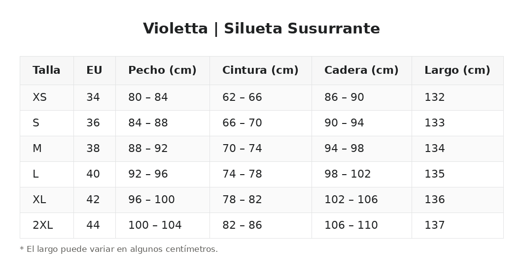 Violetta | Silueta Susurrante — guía de tallas