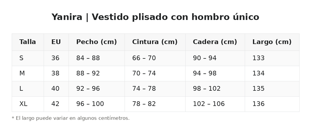 Yanira | Vestido plisado con hombro único — guía de tallas