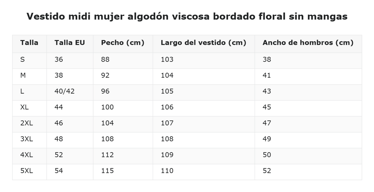 Vestido midi mujer algodón viscosa bordado floral sin mangas — guía de tallas