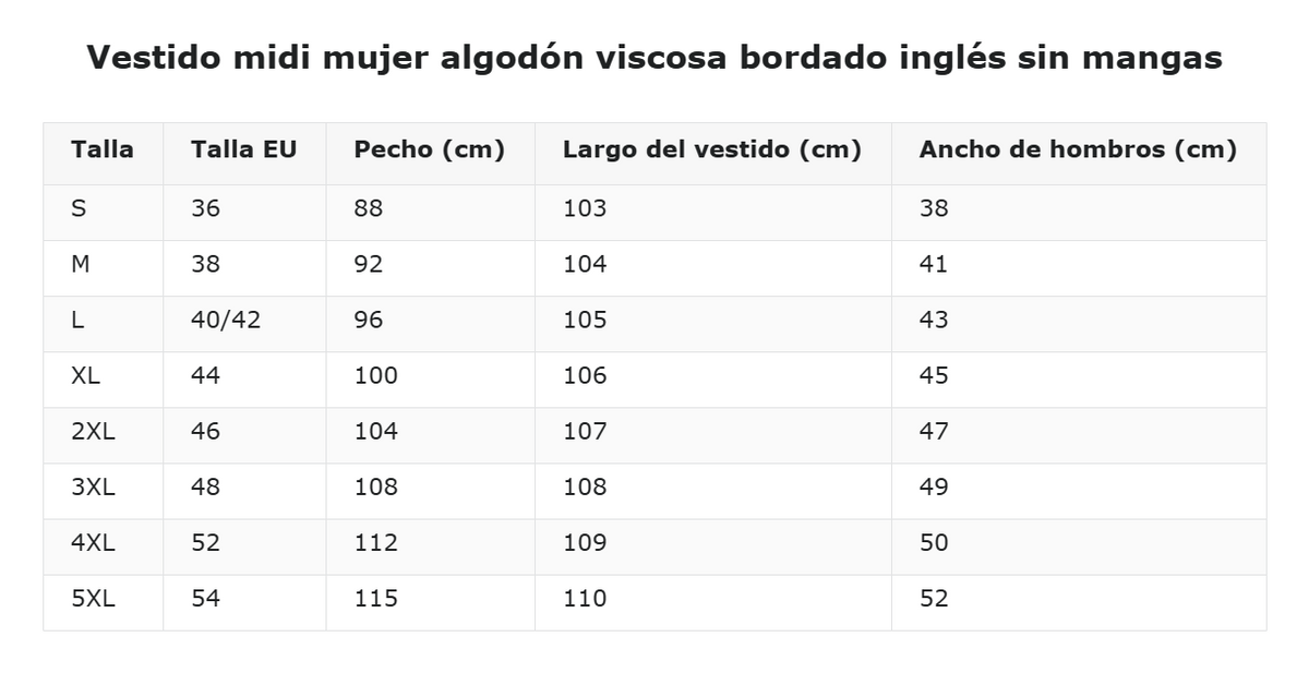 Vestido midi mujer algodón viscosa bordado inglés sin mangas — guía de tallas