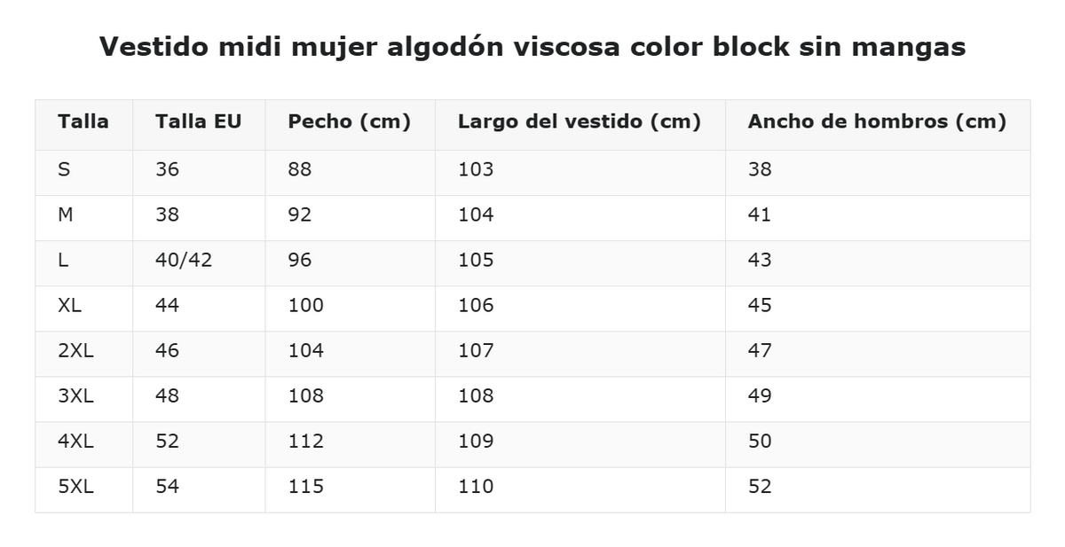 Vestido midi mujer algodón viscosa color block sin mangas — guía de tallas