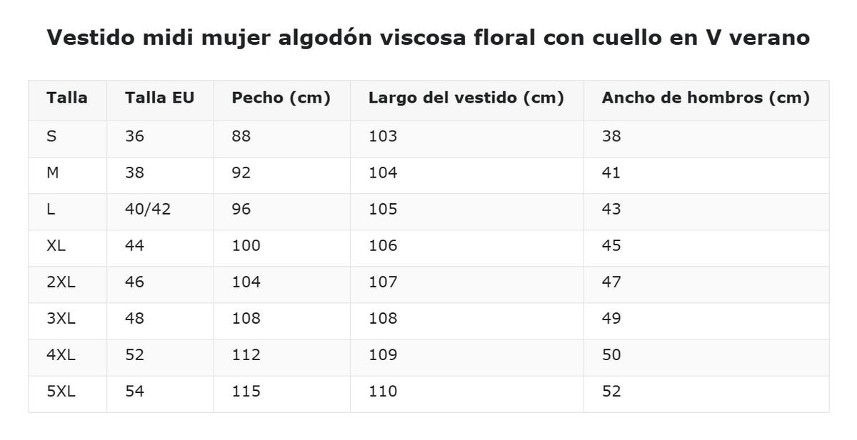 Vestido midi mujer algodón viscosa floral con cuello en V verano — guía de tallas