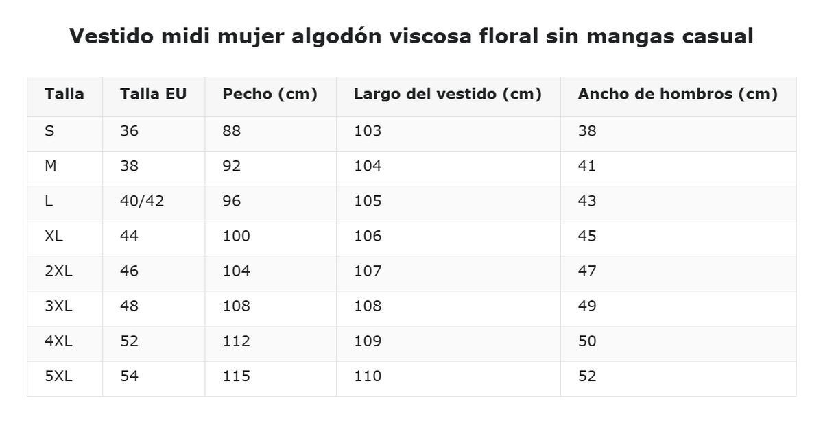 Vestido midi mujer algodón viscosa floral sin mangas casual — guía de tallas