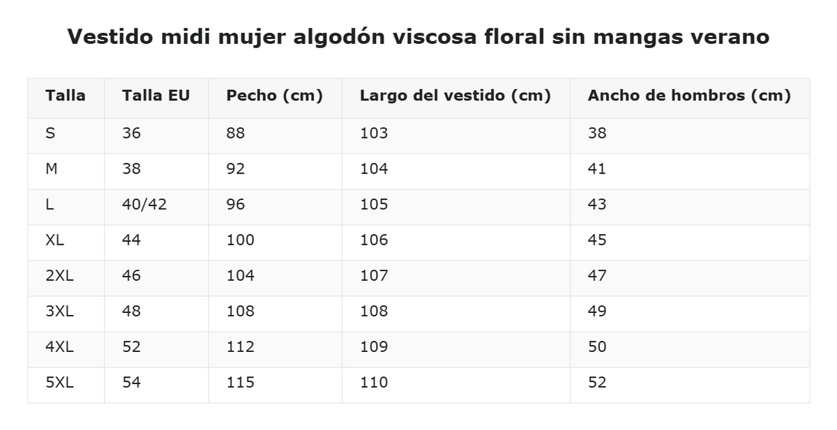 Vestido midi mujer algodón viscosa floral sin mangas verano — guía de tallas