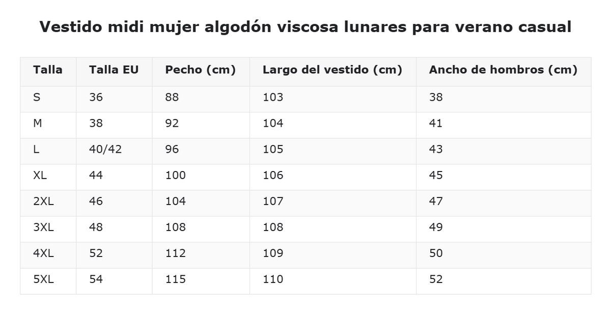Vestido midi mujer algodón viscosa lunares para verano casual — guía de tallas