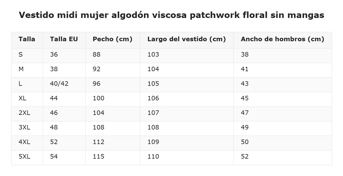 Vestido midi mujer algodón viscosa patchwork floral sin mangas — guía de tallas