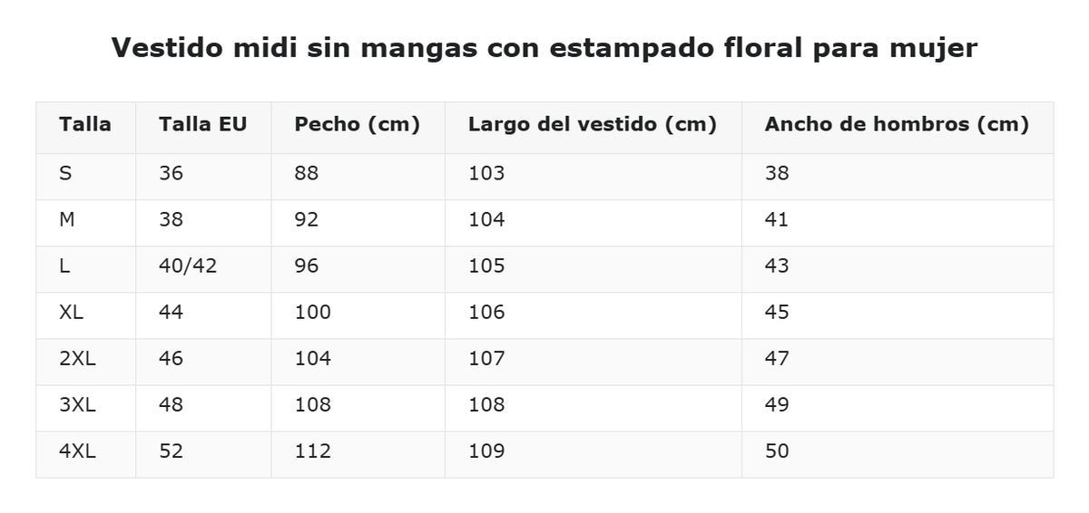 Vestido midi sin mangas con estampado floral para mujer — guía de tallas