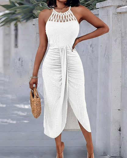 Vestido midi mujer jacquard halter abertura elegante verano