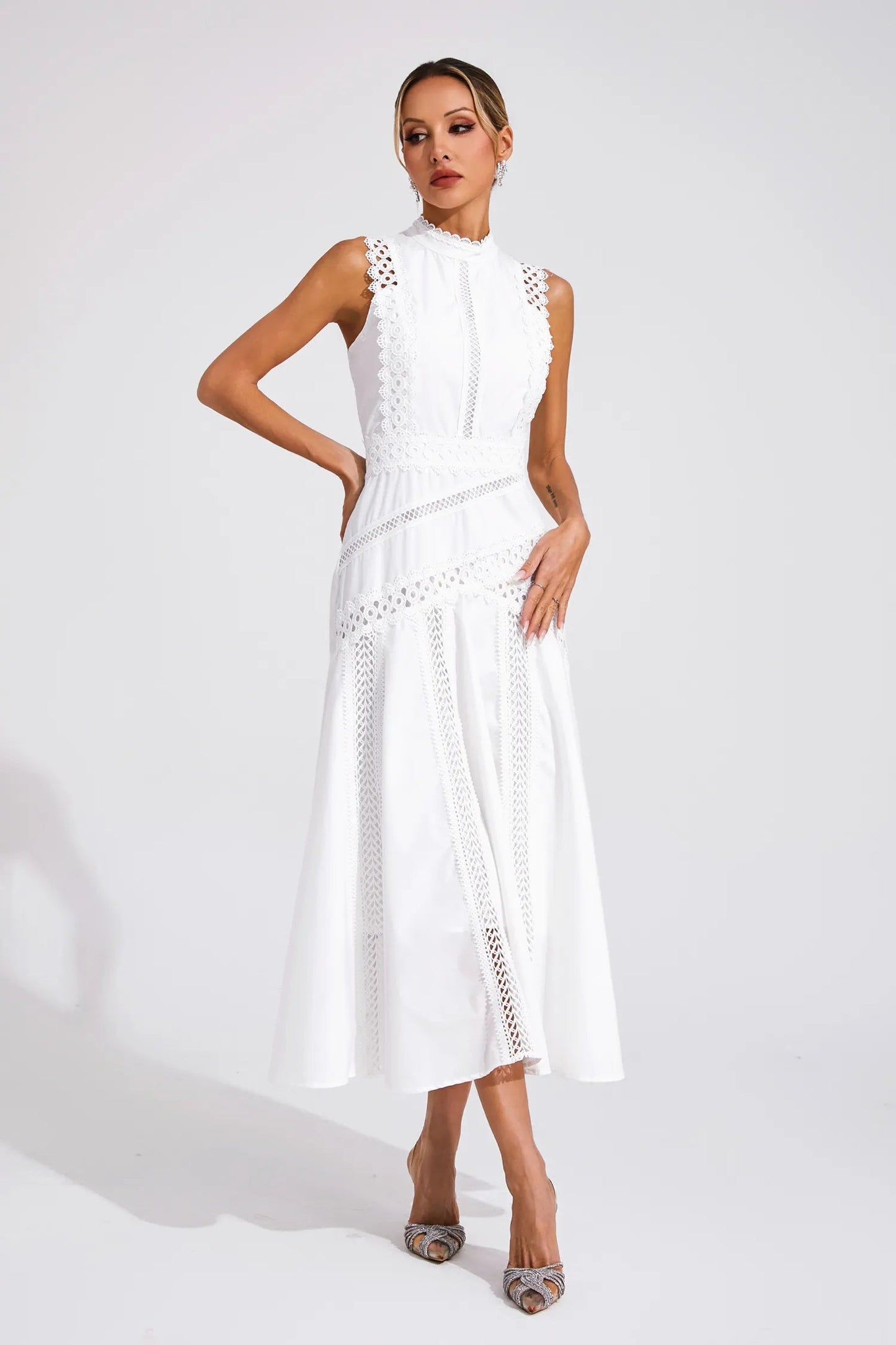 Selmara | Vestido midi para mujer de encaje sin mangas estilo boda