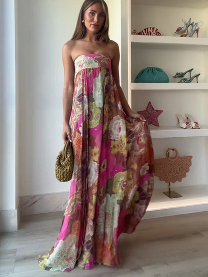 Lurevia | Vestido maxi para mujer con flores y sin tirantes estilo boda