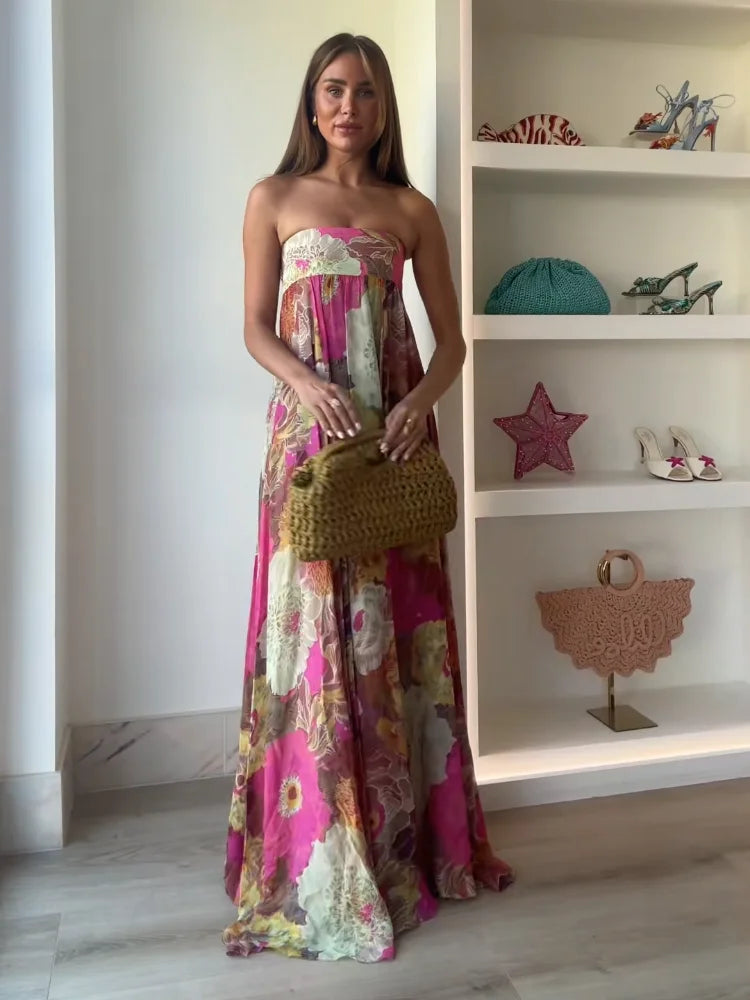 Lurevia | Vestido maxi para mujer con flores y sin tirantes estilo boda