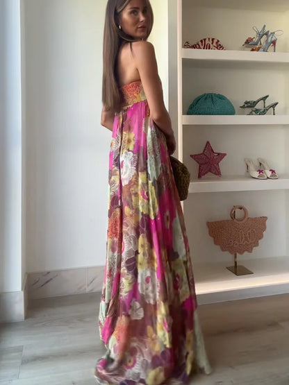 Lurevia | Vestido maxi para mujer con flores y sin tirantes estilo boda