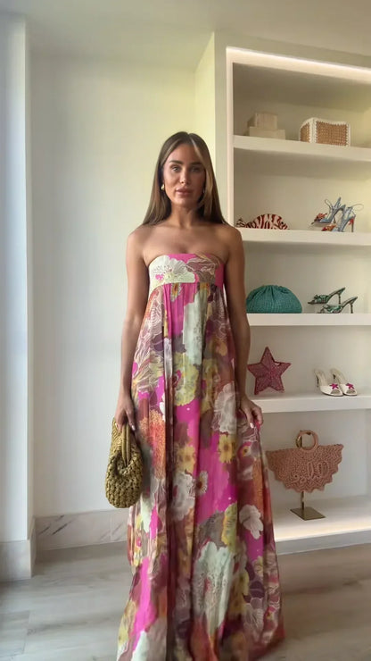 Lurevia | Vestido maxi para mujer con flores y sin tirantes estilo boda