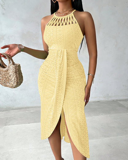Vestido midi mujer jacquard halter abertura elegante verano
